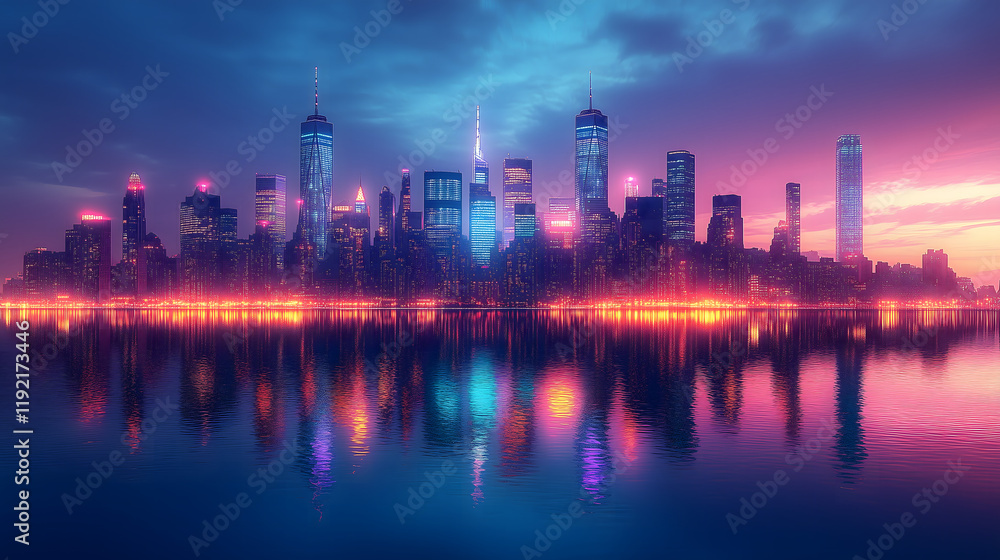 Fototapeta premium futuristic neon city skyline reflecting over calm water at twilight