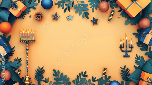 Frame with Hanukkah symbols and menorah. photo