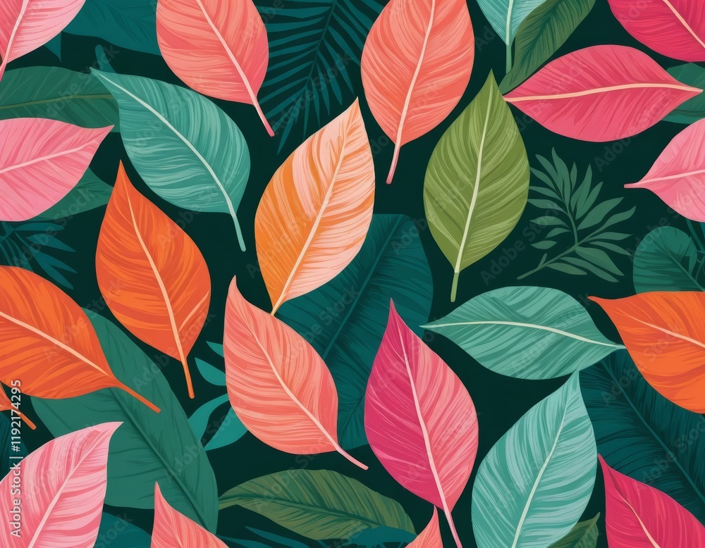Vibrant Tropical Leaves Seamless Pattern: Exotic Jungle Foliage in Bold Hues for Fashion, Textile, and Wallpaper Design Vibrant Tropical Leaves Seamless Pattern: Exotic Jungle Foliage in Bold Hues for Fashion, Textile, and Wallpaper Design