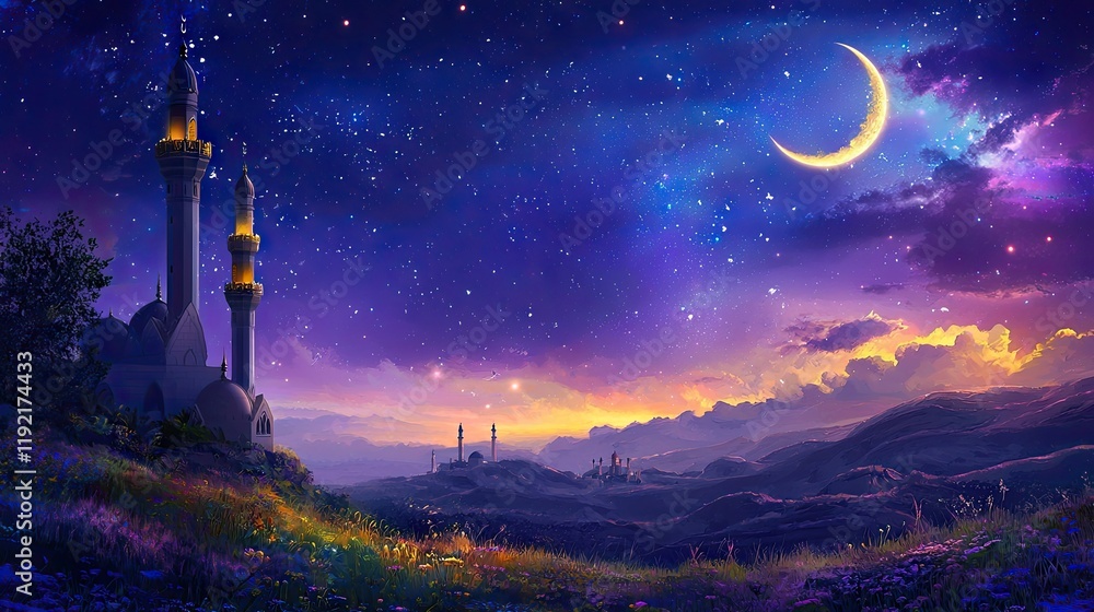 Naklejka premium Night scene, crescent moon, mosque, hills, starlit sky, religious festival