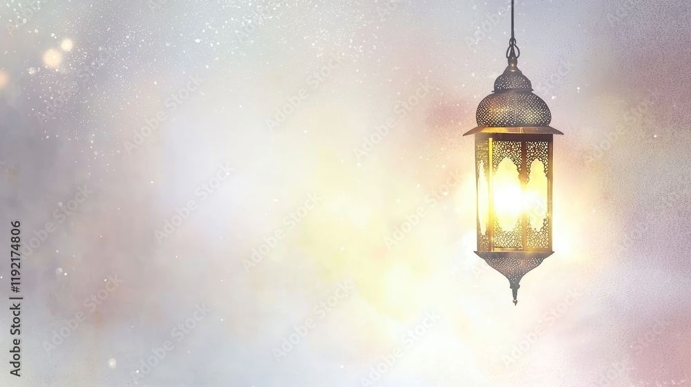 Illuminated lantern, Ramadan celebration, soft background, greeting card design Illuminated lantern, Ramadan celebration, soft background, greeting card design