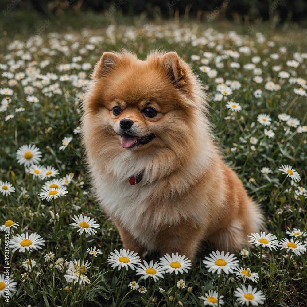 A fluffy Pomeranian standing proudly on a patch of daisies. A fluffy Pomeranian standing proudly on a patch of daisies.