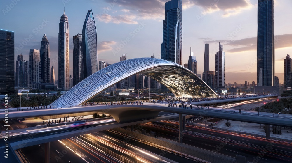 Obraz premium Dubai cityscape with modern metro railway skyscrapers Museum of the Future and sunset traffic in UAE