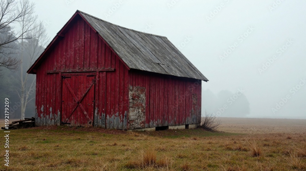 A Rustic Red Barn Stands Solitary in a Misty Field, Its Weathered Wood and Aged Roof Telling Tales of Time Passed A Rustic Red Barn Stands Solitary in a Misty Field, Its Weathered Wood and Aged Roof Telling Tales of Time Passed