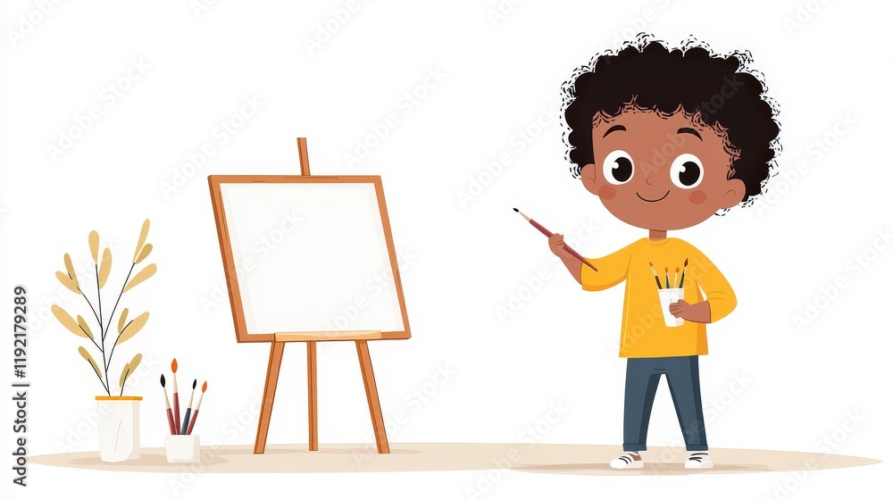 Cheerful Child Artist Holding Paintbrush Beside Blank Canvas and Paint Supplies in Creative Studio