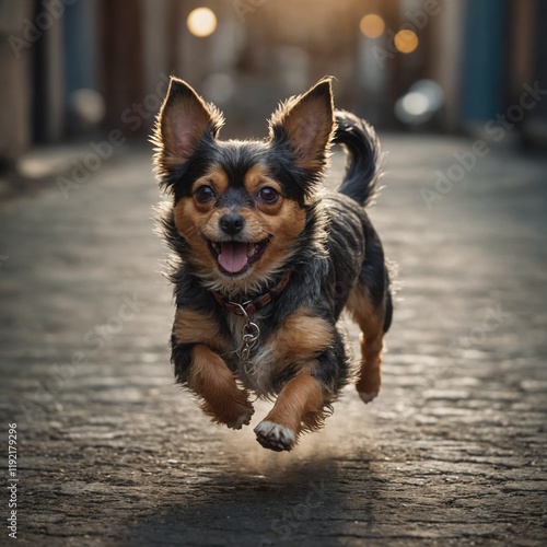 A small dog playfully running in circles, its tail wagging like crazy. photo