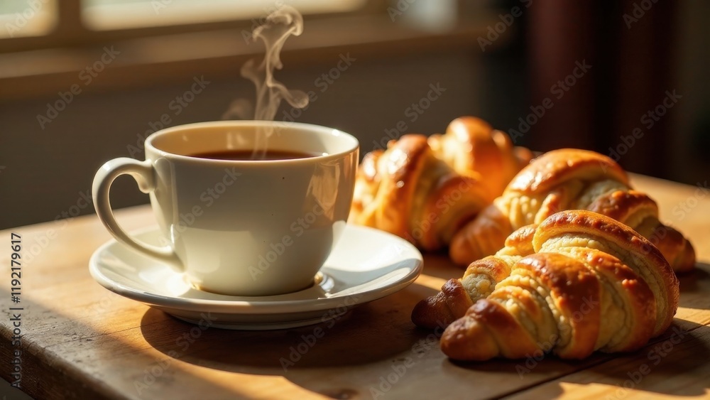 A warm cup of coffee with a delicate aroma, accompanied by freshly baked croissants, bathed in sunlight on a wooden surface. A warm cup of coffee with a delicate aroma, accompanied by freshly baked croissants, bathed in sunlight on a wooden surface.
