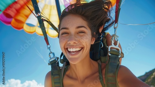 An attractive woman with black hair and tan skin smiling while skydiving in the air, wearing an green vest top and backpacks attached to her chest, with a colorful parachute behind her.