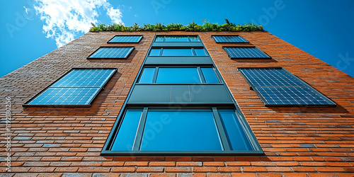 Eco-Brick Building with Solar Panels Illustration photo