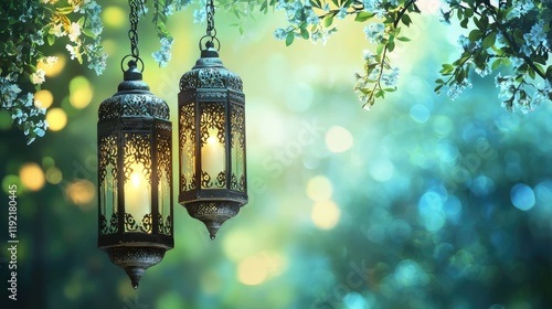 Glowing lanterns hanging in spring blossoms, tranquil garden background, ideal for serenity, peace themes photo