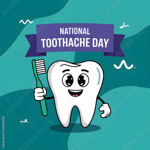 National Toothache Day – Cheerful Cartoon Tooth with Green Toothbrush Promoting Dental Hygiene
