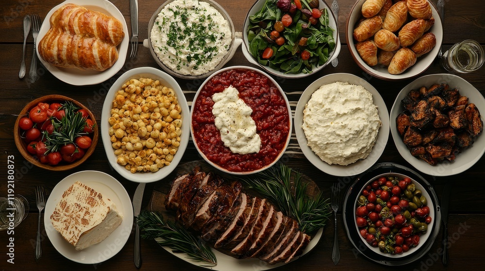 Delicious family feast featuring variety of dishes cozy dining room food photography warm atmosphere aesthetic presentation Delicious family feast featuring variety of dishes cozy dining room food photography warm atmosphere aesthetic presentation