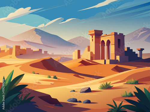 colorful illustration of a desert scene with ancient ruins partially buried in the sand