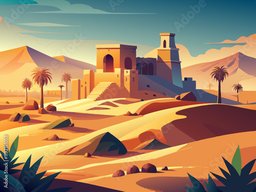 colorful illustration of a desert scene with ancient ruins partially buried in the sand