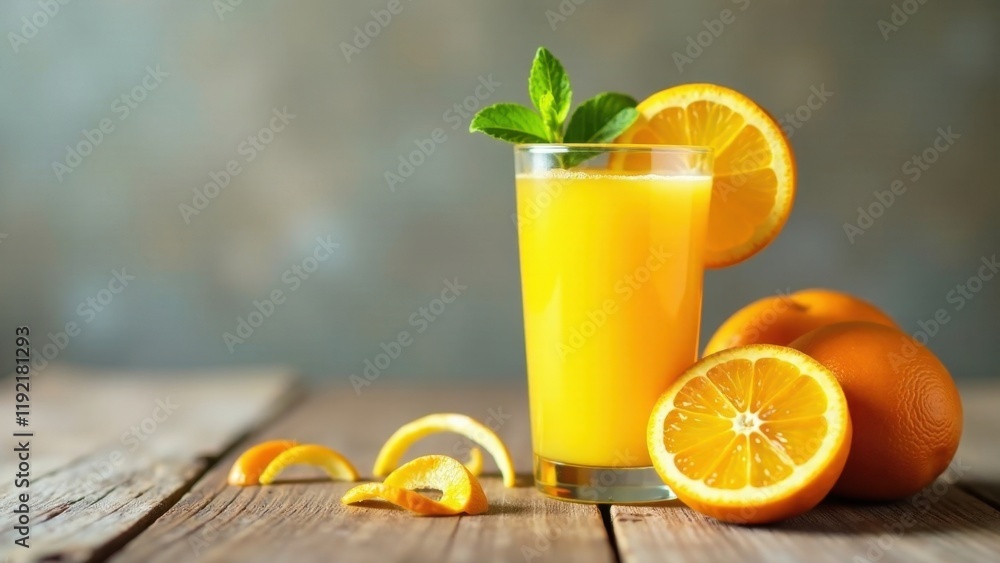 Fototapeta premium Refreshing Glass of Orange Juice with Fruit and Zest on Rustic Wood