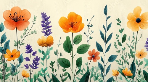Vibrant floral illustration with various flowers.