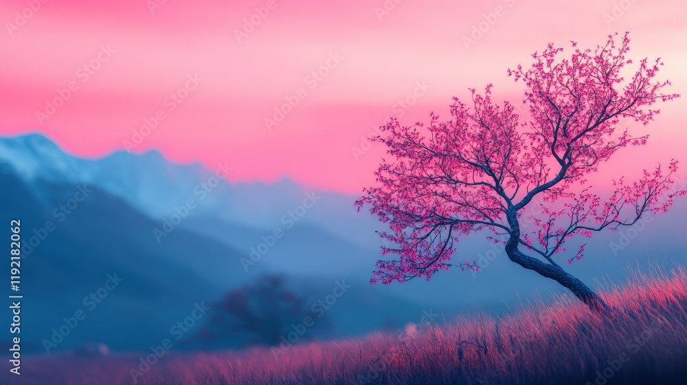 A solitary pink tree stands in a vibrant landscape, illuminated by a stunning sunset over rolling mountains. A solitary pink tree stands in a vibrant landscape, illuminated by a stunning sunset over rolling mountains.