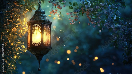 Magical lantern glowing in enchanted garden at night,  ideal for fantasy or fairytale themes photo