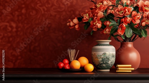 Wallpaper Mural Elegant floral arrangement with fruits in a traditional vase living room still life cozy environment close-up aesthetic harmony Torontodigital.ca