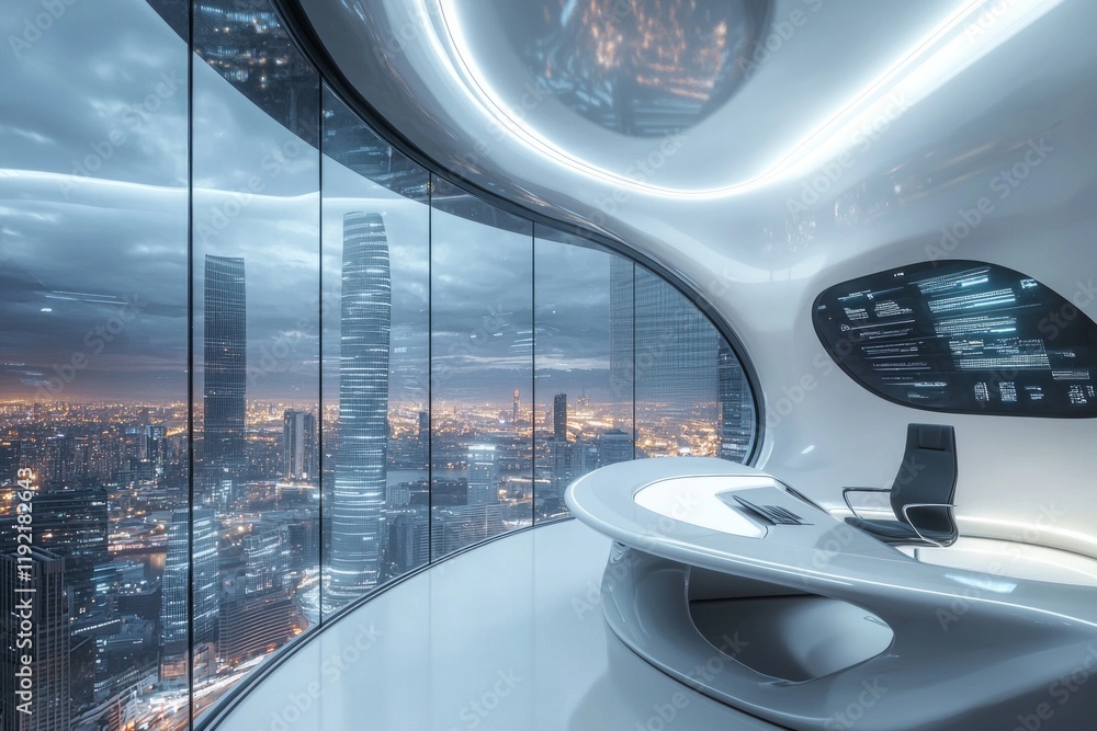 Fototapeta premium Futuristic office interior, with white curved walls and glass windows showcasing the cityscape outside. Sleek furniture, including a desk, digital screens displaying data in a holographic style. 