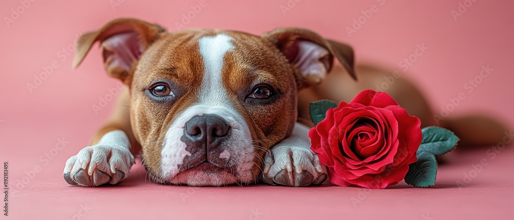Dog with a Rose on Pink Background, Adorable Pet Portrait Dog with a Rose on Pink Background, Adorable Pet Portrait