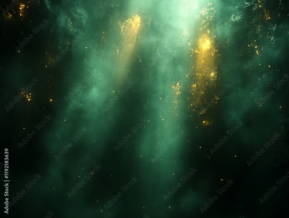 Mystical green fog with golden light beams. Mystical green fog with golden light beams.