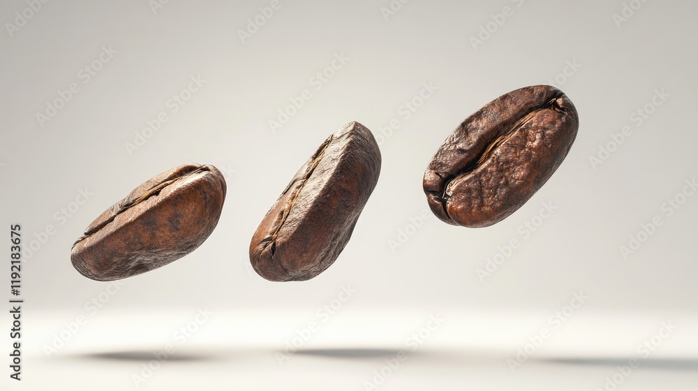 Three Floating Coffee Beans in Mid-Air Against a Soft Neutral Background, Capturing the Essence of Freshness and Aroma in Coffee Production Three Floating Coffee Beans in Mid-Air Against a Soft Neutral Background, Capturing the Essence of Freshness and Aroma in Coffee Production