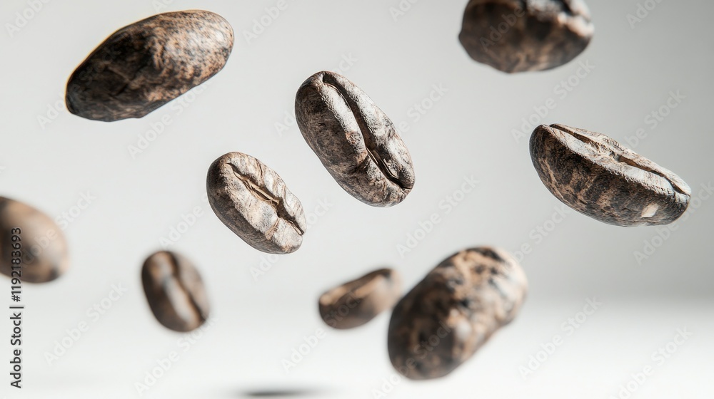 Floating Coffee Beans Captured in Mid-Air, Emphasizing the Rich Texture and Natural Beauty of Roasted Arabica Coffee Varieties Against a Soft Neutral Background Floating Coffee Beans Captured in Mid-Air, Emphasizing the Rich Texture and Natural Beauty of Roasted Arabica Coffee Varieties Against a Soft Neutral Background