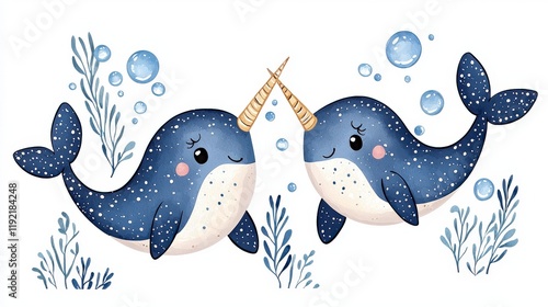 Playful Narwhals Underwater with Bubbles and Seaweed in a Colorful Illustration for Children’s Themes