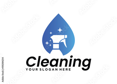 Cleaning service design with spray bottle and water drops isolated on white background