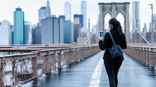 Woman in New York walking on the Brooklyn Bridge while using a phone app Manhattan skyline in the background Multicultural professional lady panoramic view New York City USA