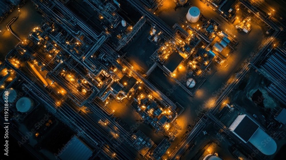 Aerial View of Illuminated Industrial Complex at Night Aerial View of Illuminated Industrial Complex at Night