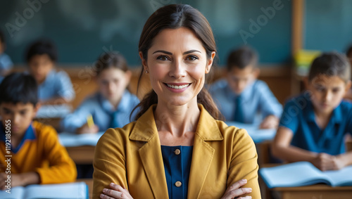 friendly school teacher radiating positivity with students working in background, creating inspiring learning environment