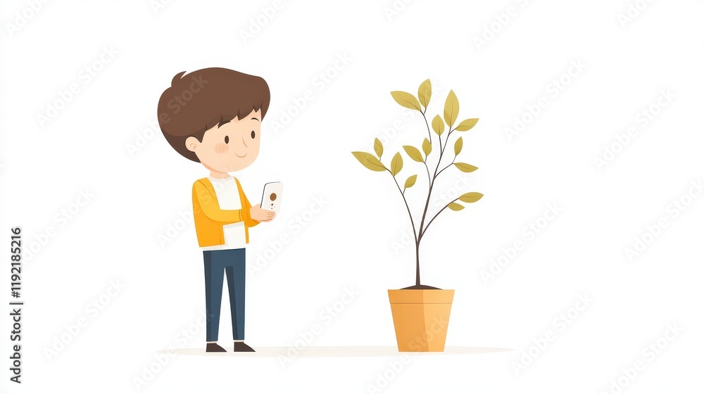 Boy with Smartphone Taking Photo of Plant in Pot, Exploring Nature and Technology Connection Boy with Smartphone Taking Photo of Plant in Pot, Exploring Nature and Technology Connection