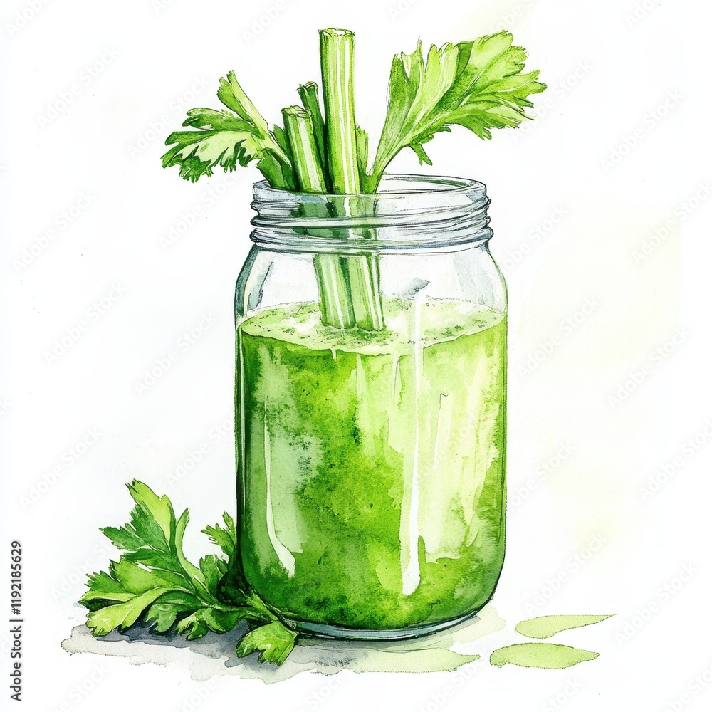 Watercolor of Glass of celery juice and fresh vegetables,healthy detox vitamin diet or Green vegetable juice,vegan food concept,menu breakfast drink,space for text. Watercolor of Glass of celery juice and fresh vegetables,healthy detox vitamin diet or Green vegetable juice,vegan food concept,menu breakfast drink,space for text.