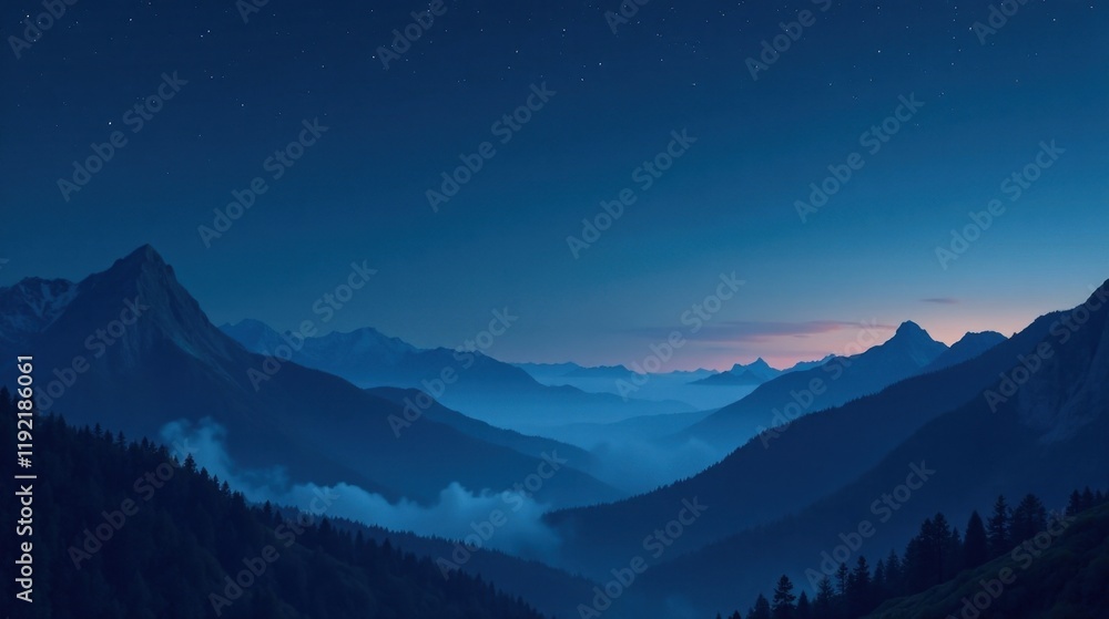 Serene Nightfall Over a Misty Mountain Range, Unveiling the Tranquil Beauty of Nature's Majesty Serene Nightfall Over a Misty Mountain Range, Unveiling the Tranquil Beauty of Nature's Majesty