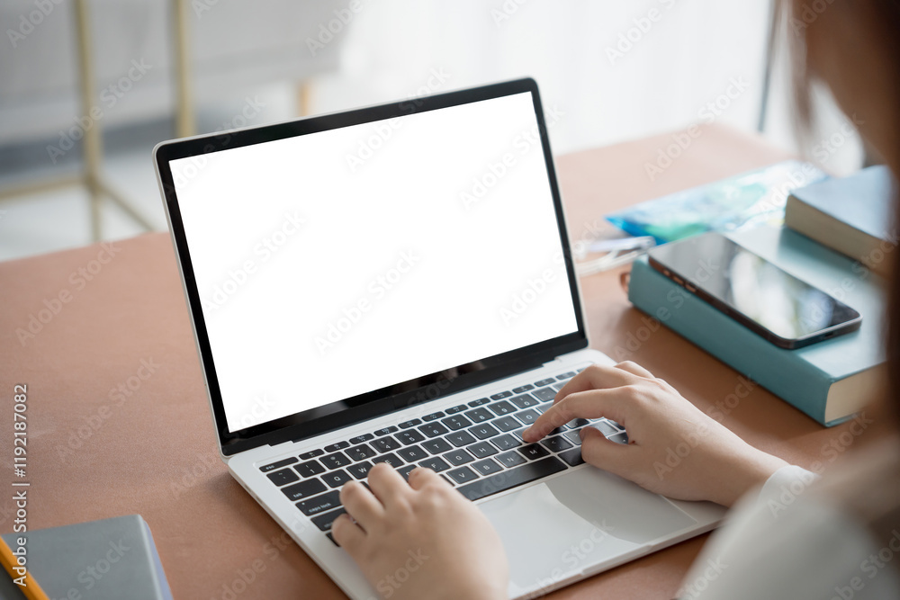 Woman using laptop with white screen on deck Woman using laptop with white screen on deck