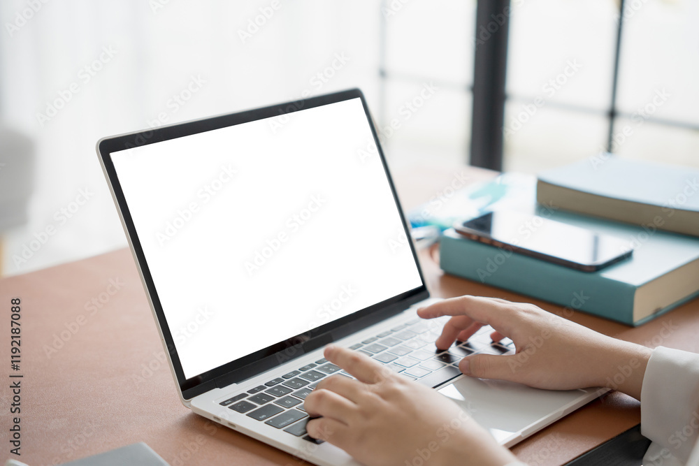 Woman using laptop with white screen on deck Woman using laptop with white screen on deck