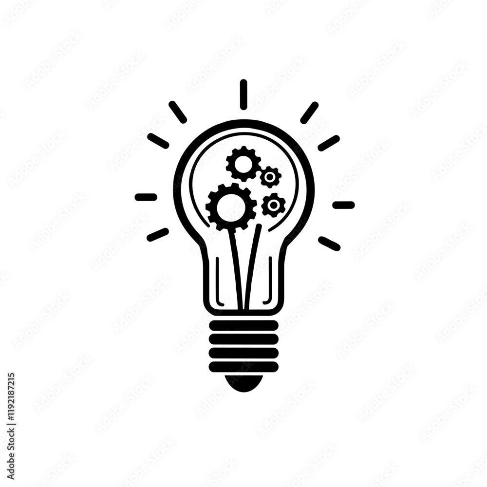 Minimalistic black-and-white lightbulb with gears illustration symbolizing innovation on plain background Minimalistic black-and-white lightbulb with gears illustration symbolizing innovation on plain background