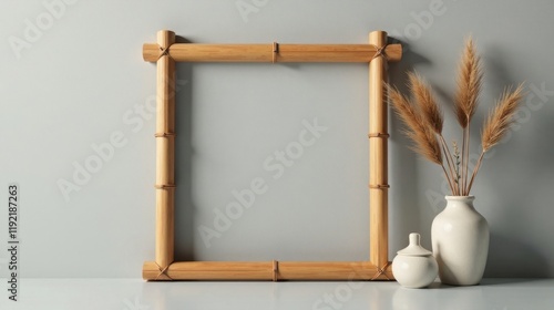 Simple Bamboo Frame with Dried Flowers and Ceramic Vessels on a Neutral Background