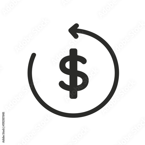 Minimalistic black-and-white circular arrow around dollar sign illustration symbolizing investment on plain background