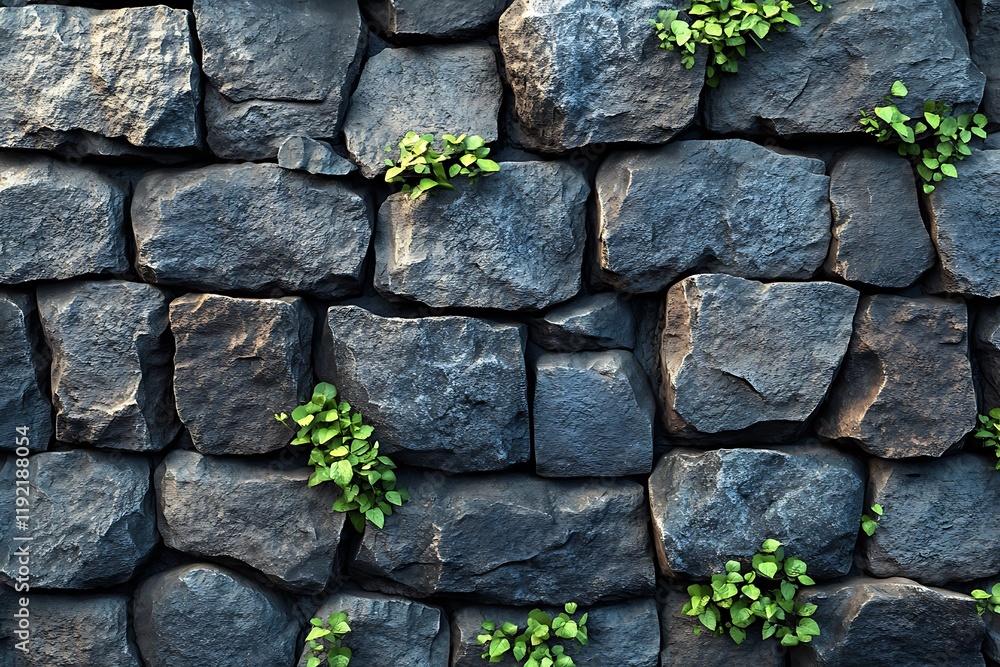 Dark Gray Stone Wall with Intricate Texture and Lush Greenery Dark Gray Stone Wall with Intricate Texture and Lush Greenery