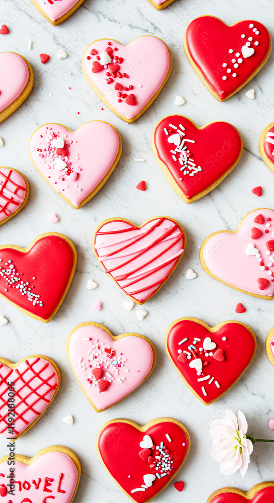 Heart-shaped cookies decorated with pink and red icing on a marble background Heart-shaped cookies decorated with pink and red icing on a marble background