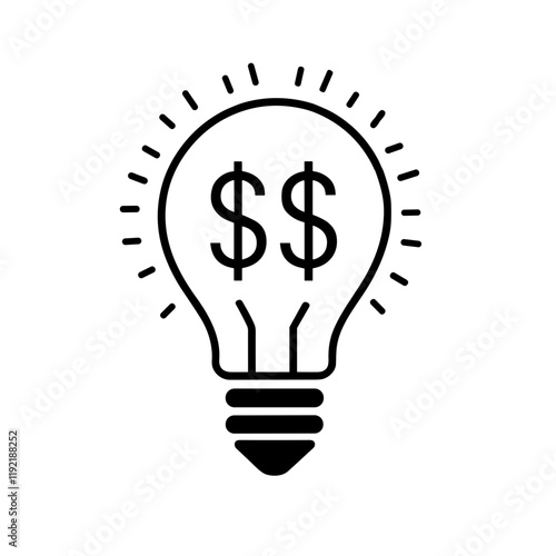 Minimalistic black-and-white lightbulb illustration with dollar signs symbolizing profitable ideas on plain background