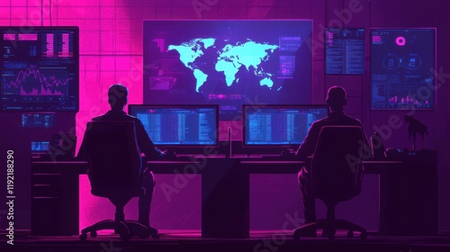 Modern Cybersecurity Team in Futuristic Control Room Setup