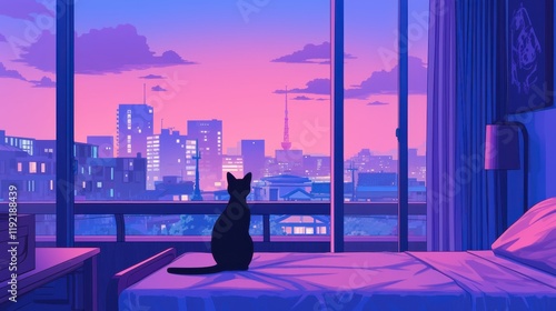 Serene Cat Gazing at Vibrant Cityscape Sunset from Cozy Bedroom Window.