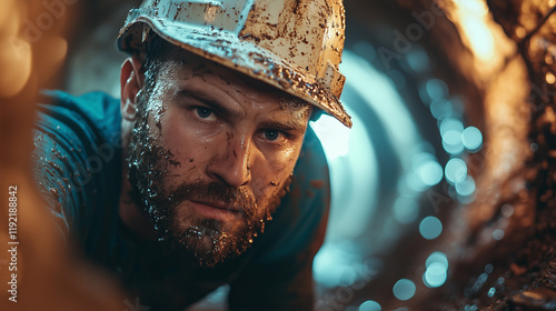 Miner in Tunnel with Dirt on Face  photo