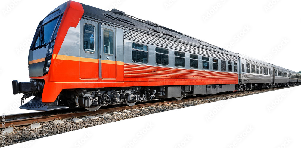 Obraz premium Modern Passenger Train Red and Silver Railcar on Tracks Railway Transportation