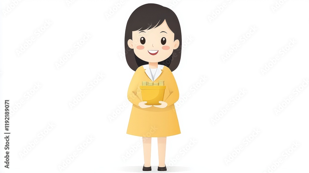 Fototapeta premium Happy Young Woman in Yellow Dress Holding a Package with a Cheerful Smile, Vector Illustration