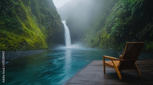 A tranquil scene featuring a wooden chair beside a misty waterfall in a lush, green forest setting.